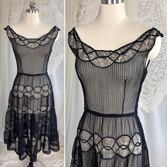 Vintage 1950's Sheer Black Rayon Chiffon with Chantilly Lace Inserts, size XS, S - Daggers & Dames