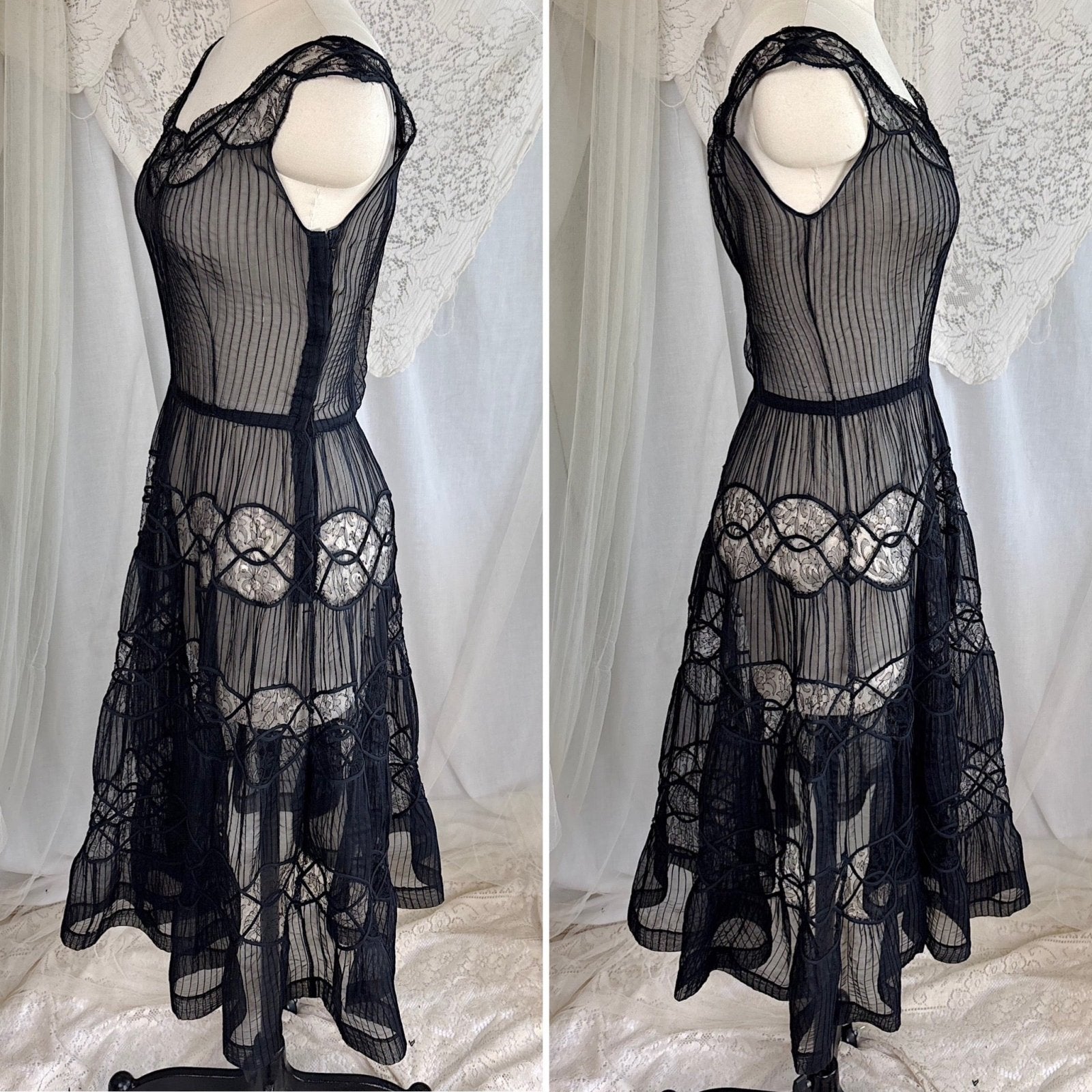 Vintage 1950's Sheer Black Rayon Chiffon with Chantilly Lace Inserts, size XS, S - Daggers & Dames