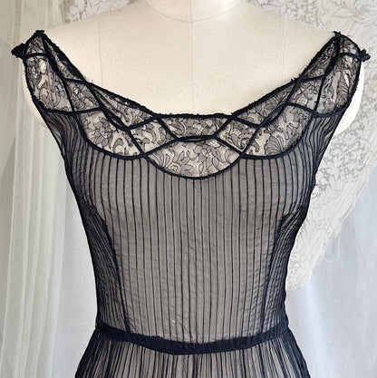 Vintage 1950's Sheer Black Rayon Chiffon with Chantilly Lace Inserts, size XS, S - Daggers & Dames