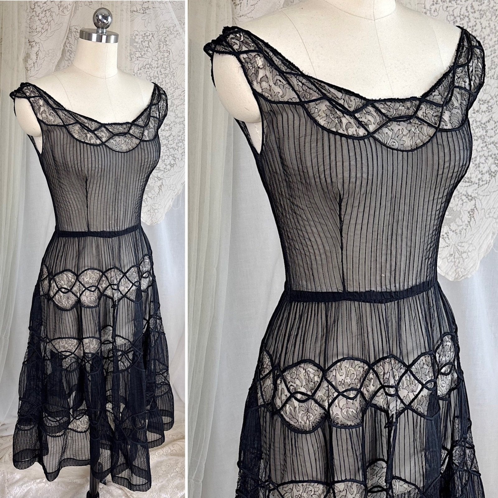 Vintage 1950's Sheer Black Rayon Chiffon with Chantilly Lace Inserts, size XS, S - Daggers & Dames