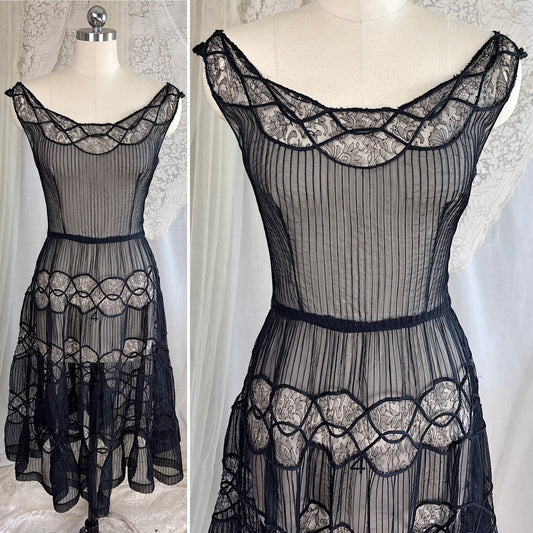 Vintage 1950's Sheer Black Rayon Chiffon with Chantilly Lace Inserts, size XS, S - Daggers & Dames