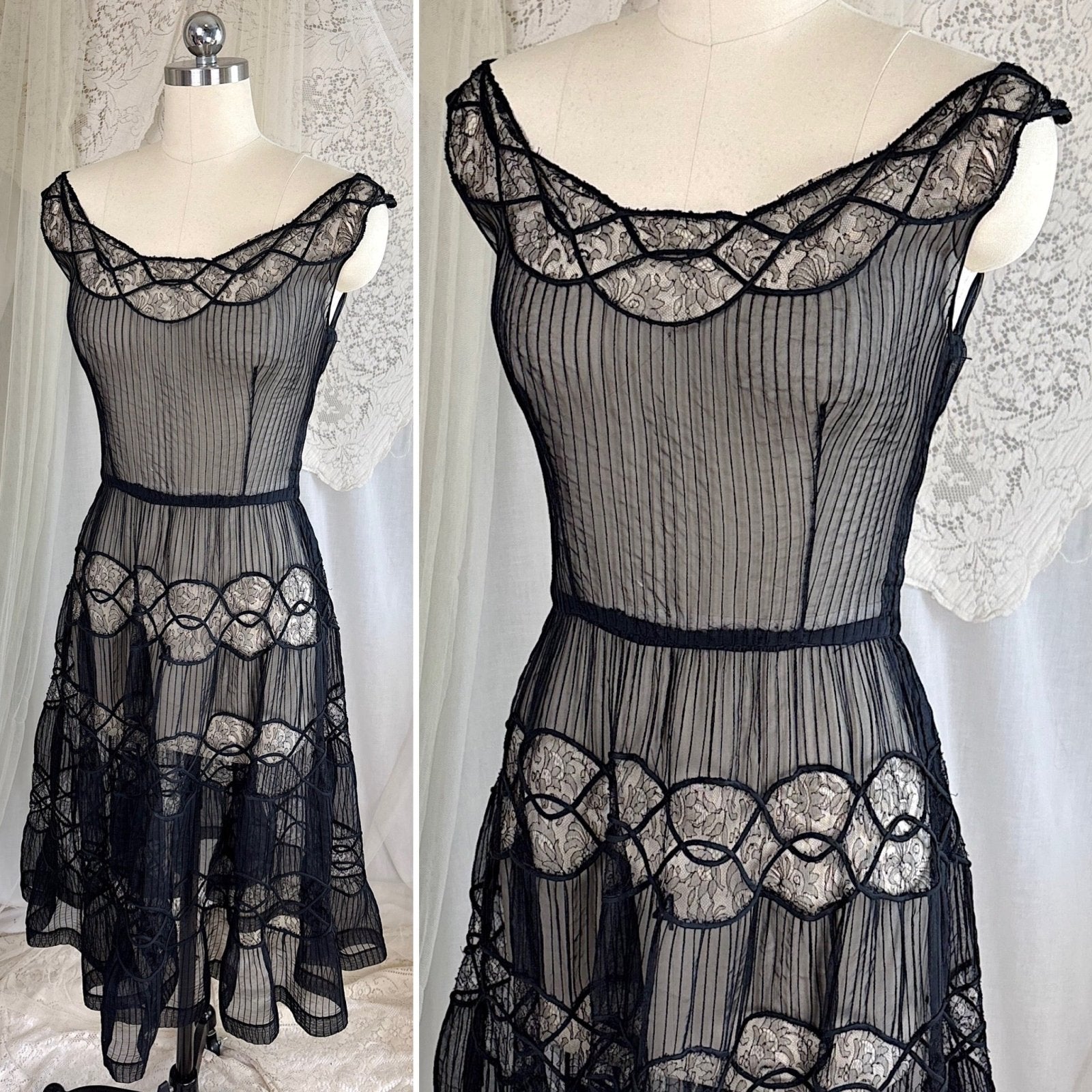Vintage 1950's Sheer Black Rayon Chiffon with Chantilly Lace Inserts, size XS, S - Daggers & Dames