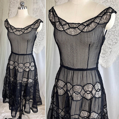 Vintage 1950's Sheer Black Rayon Chiffon with Chantilly Lace Inserts, size XS, S - Daggers & Dames