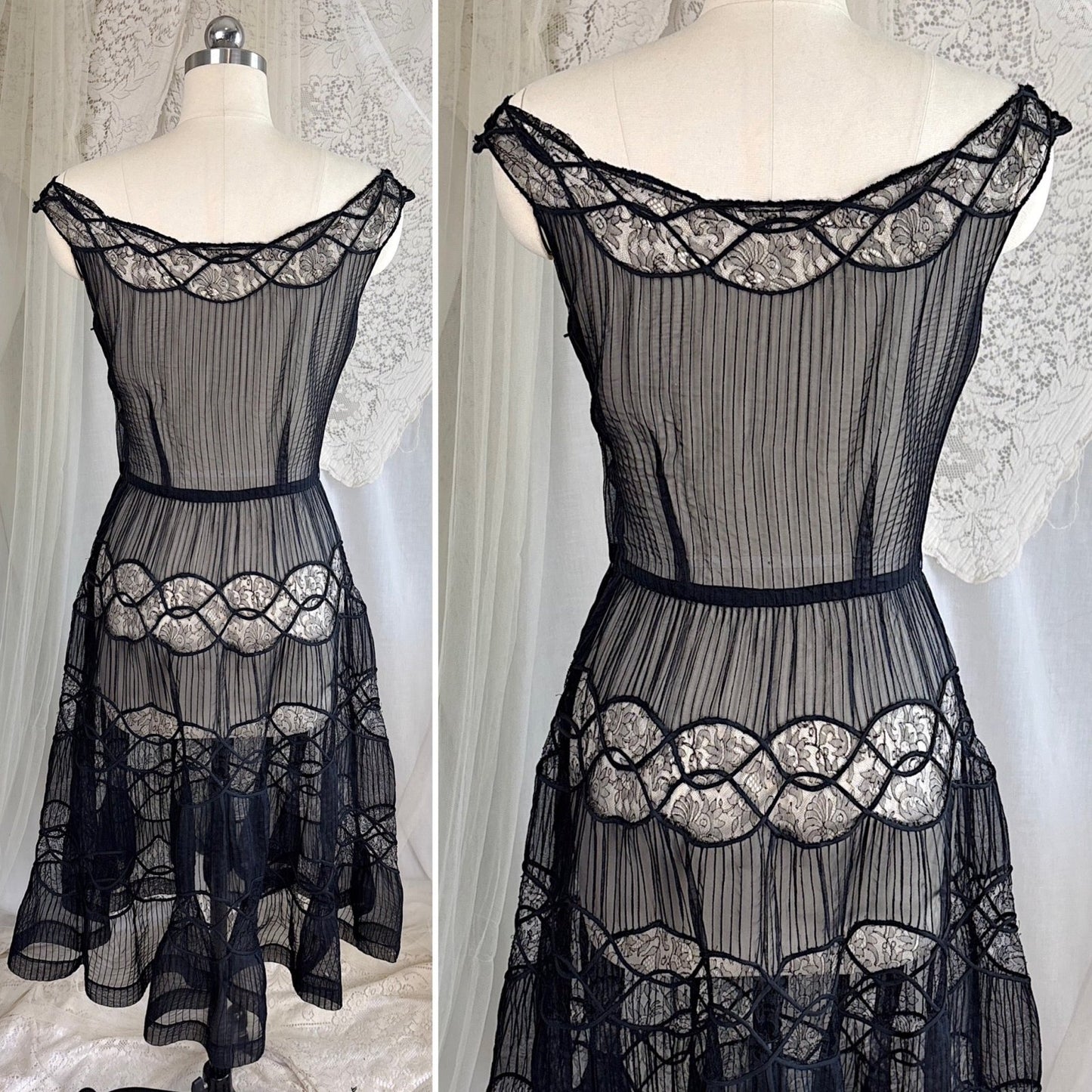 Vintage 1950's Sheer Black Rayon Chiffon with Chantilly Lace Inserts, size XS, S - Daggers & Dames