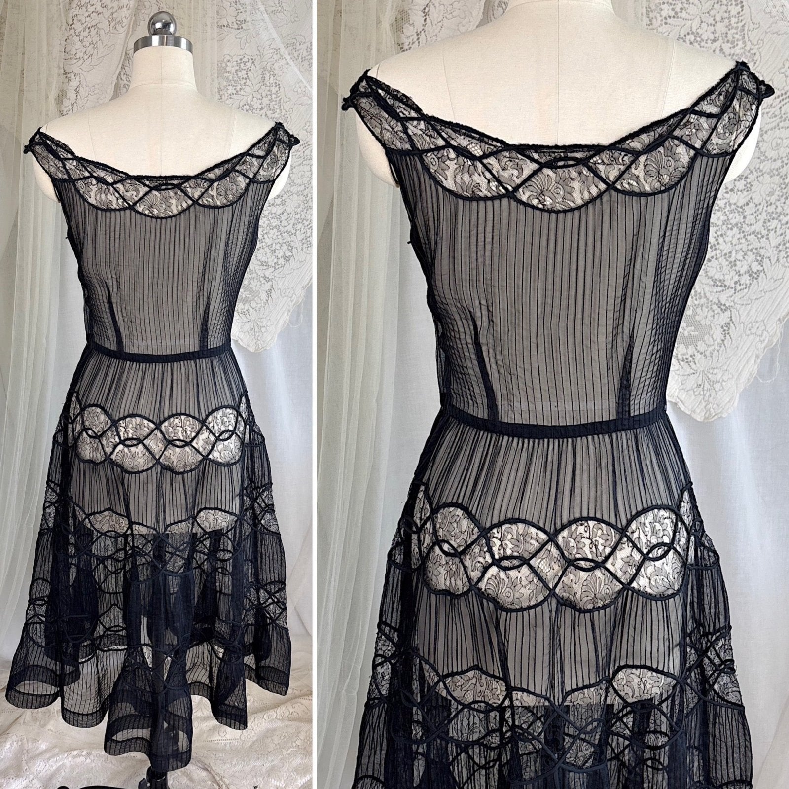 Vintage 1950's Sheer Black Rayon Chiffon with Chantilly Lace Inserts, size XS, S - Daggers & Dames