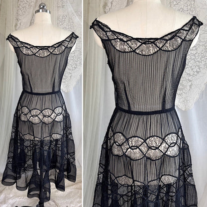 Vintage 1950's Sheer Black Rayon Chiffon with Chantilly Lace Inserts, size XS, S - Daggers & Dames