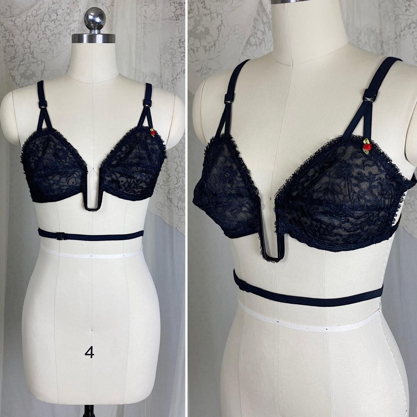 Vintage 1950's U - Wire Bra | Sheer Black Lace with Adjustable Low Back | Size 36 B | Holiday by Formfit - Designers Collection - Daggers & Dames