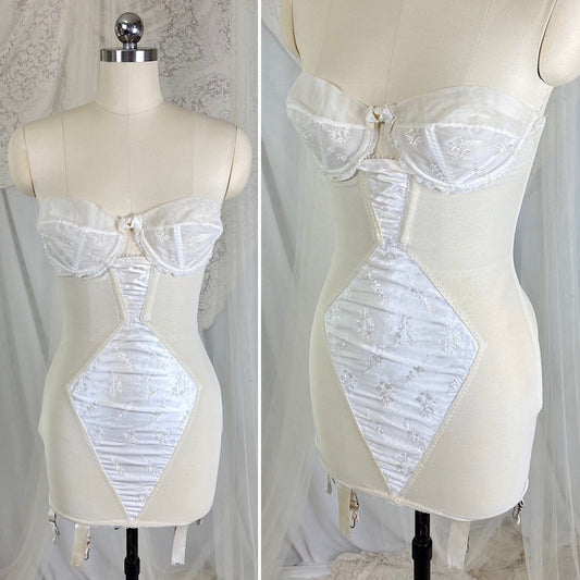 Vintage 1950's White Satin Strapless All - in - One Girdle with Embroidery by Lily of France - Enhance, Size 36 B - Daggers & Dames
