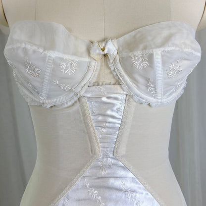 Vintage 1950's White Satin Strapless All - in - One Girdle with Embroidery by Lily of France - Enhance, Size 36 B - Daggers & Dames
