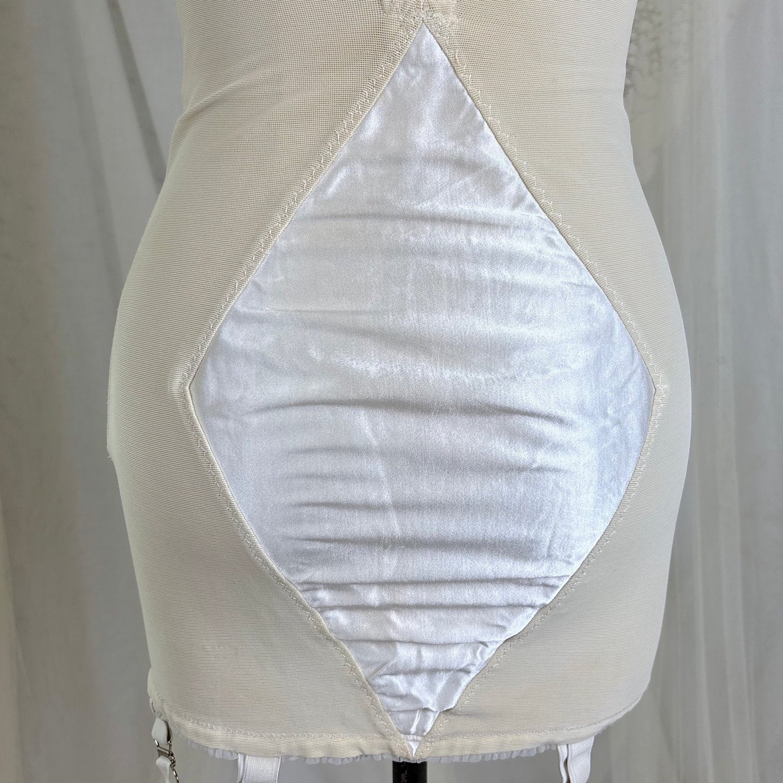 Vintage 1950's White Satin Strapless All - in - One Girdle with Embroidery by Lily of France - Enhance, Size 36 B - Daggers & Dames