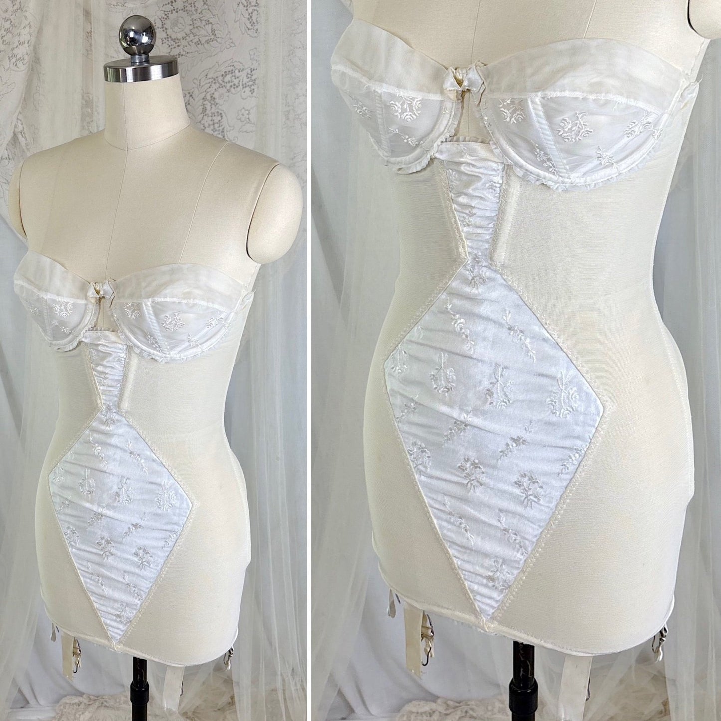 Vintage 1950's White Satin Strapless All - in - One Girdle with Embroidery by Lily of France - Enhance, Size 36 B - Daggers & Dames