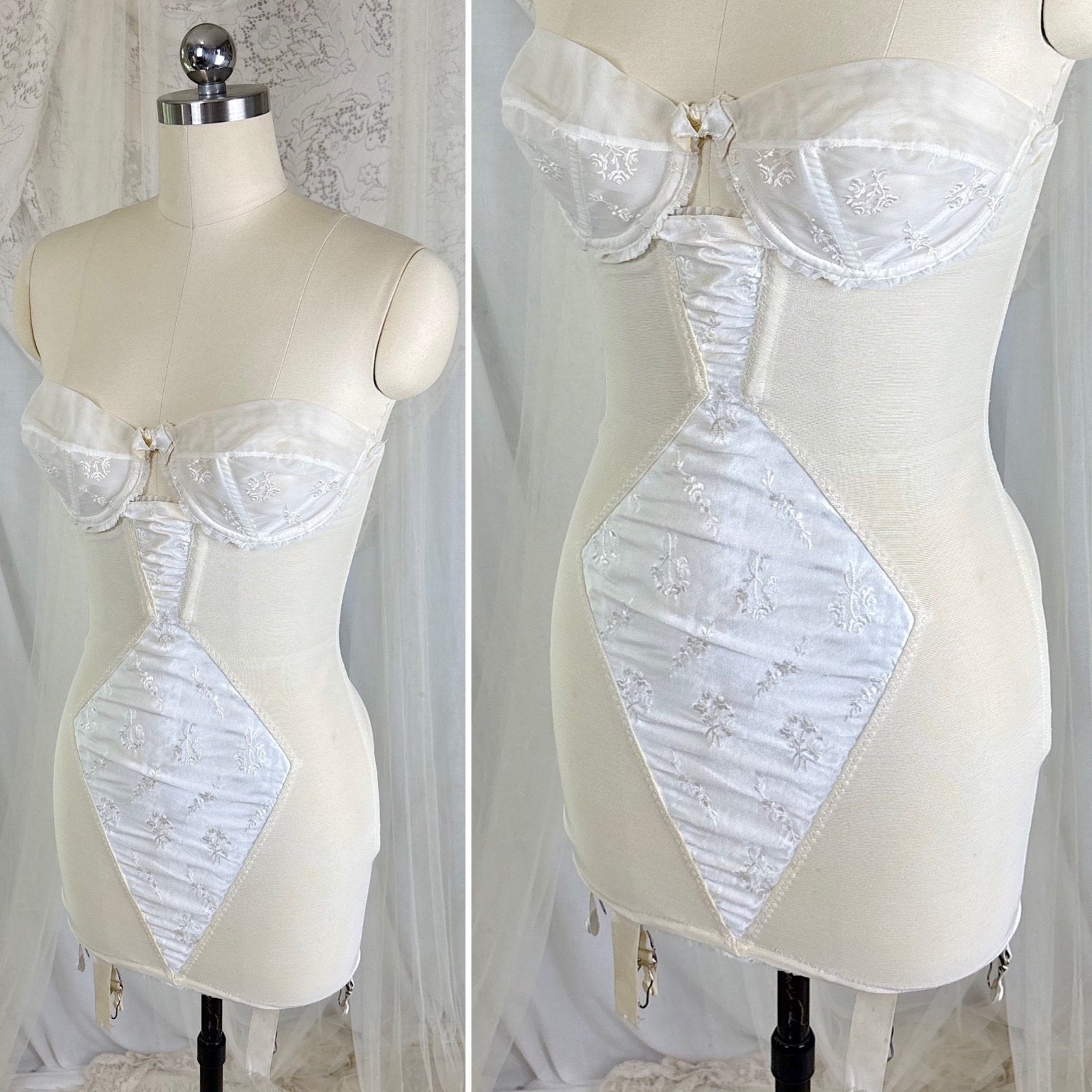 Vintage 1950's White Satin Strapless All - in - One Girdle with Embroidery by Lily of France - Enhance, Size 36 B - Daggers & Dames