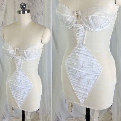 Vintage 1950's White Satin Strapless All - in - One Girdle with Embroidery by Lily of France - Enhance, Size 36 B - Daggers & Dames