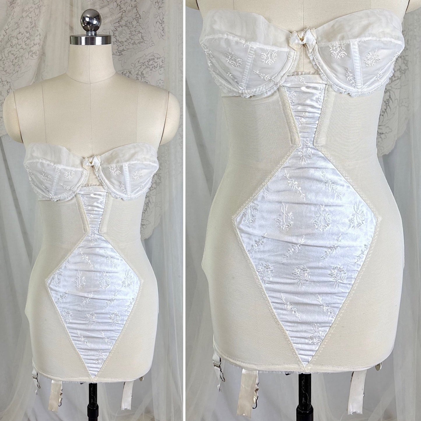 Vintage 1950's White Satin Strapless All - in - One Girdle with Embroidery by Lily of France - Enhance, Size 36 B - Daggers & Dames