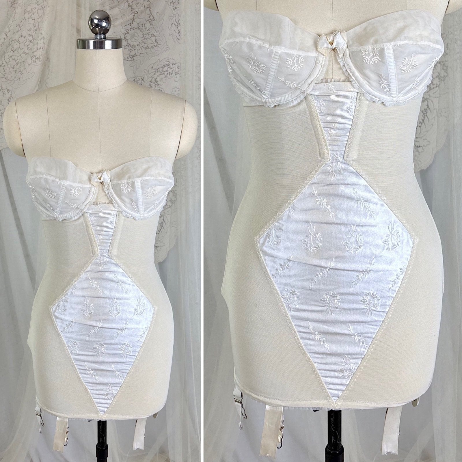 Vintage 1950's White Satin Strapless All - in - One Girdle with Embroidery by Lily of France - Enhance, Size 36 B - Daggers & Dames