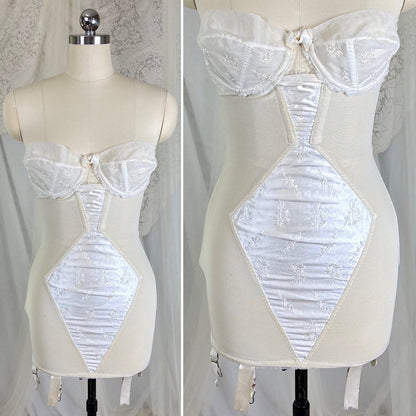 Vintage 1950's White Satin Strapless All - in - One Girdle with Embroidery by Lily of France - Enhance, Size 36 B - Daggers & Dames