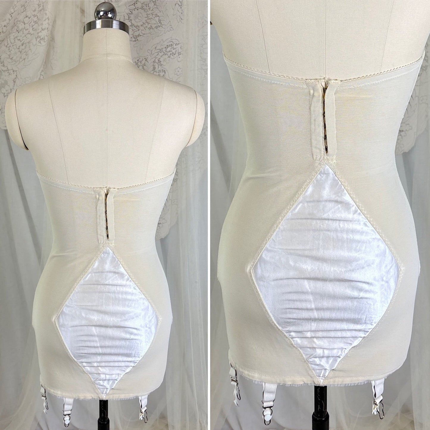 Vintage 1950's White Satin Strapless All - in - One Girdle with Embroidery by Lily of France - Enhance, Size 36 B - Daggers & Dames