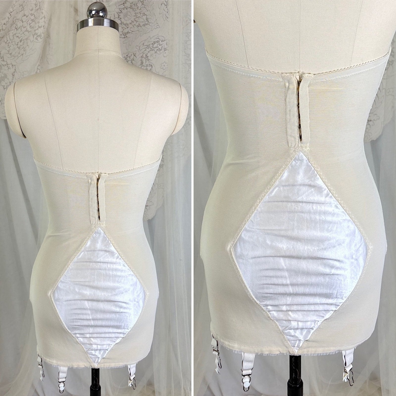 Vintage 1950's White Satin Strapless All - in - One Girdle with Embroidery by Lily of France - Enhance, Size 36 B - Daggers & Dames