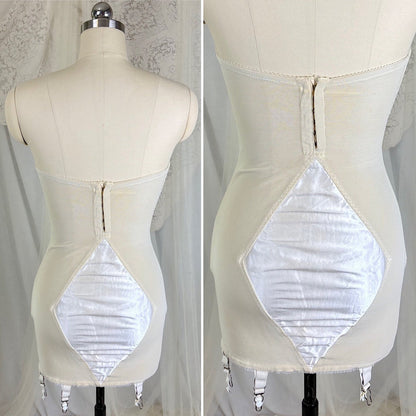 Vintage 1950's White Satin Strapless All - in - One Girdle with Embroidery by Lily of France - Enhance, Size 36 B - Daggers & Dames