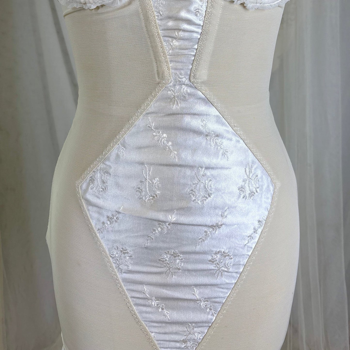 Vintage 1950's White Satin Strapless All - in - One Girdle with Embroidery by Lily of France - Enhance, Size 36 B - Daggers & Dames