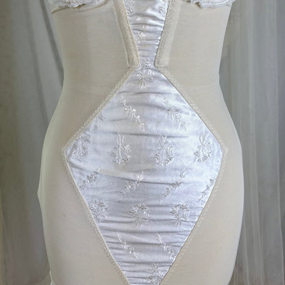 Vintage 1950's White Satin Strapless All - in - One Girdle with Embroidery by Lily of France - Enhance, Size 36 B - Daggers & Dames