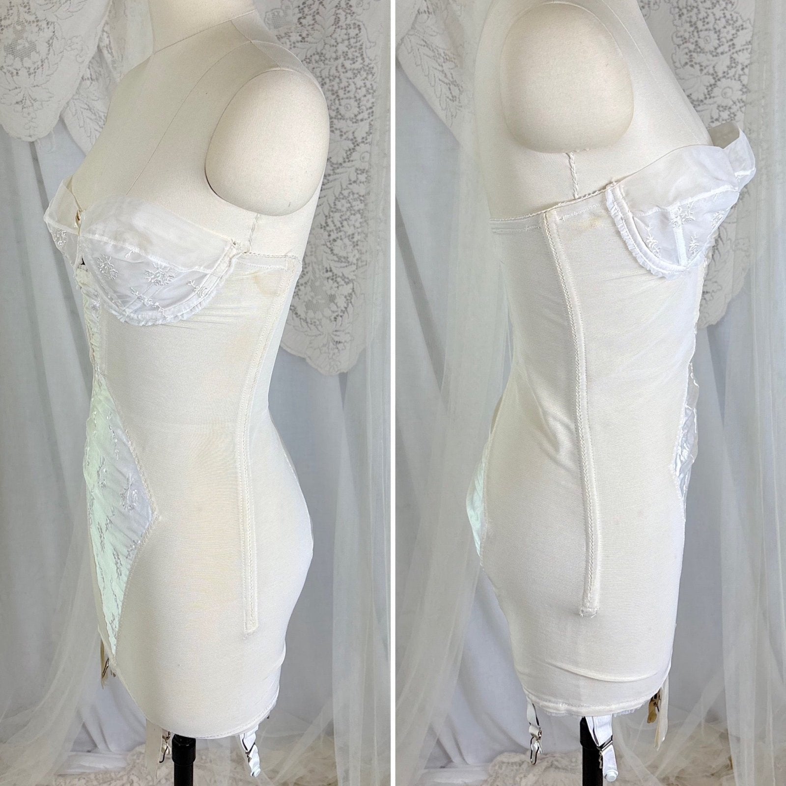 Vintage 1950's White Satin Strapless All - in - One Girdle with Embroidery by Lily of France - Enhance, Size 36 B - Daggers & Dames