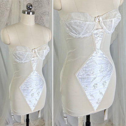 Vintage 1950's White Satin Strapless All - in - One Girdle with Embroidery by Lily of France - Enhance, Size 36 B - Daggers & Dames