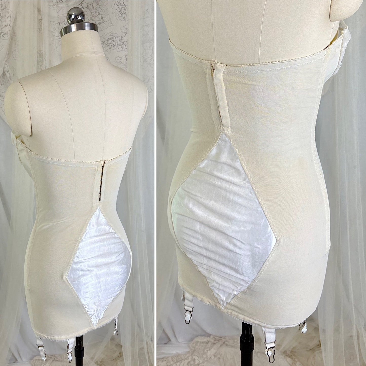 Vintage 1950's White Satin Strapless All - in - One Girdle with Embroidery by Lily of France - Enhance, Size 36 B - Daggers & Dames