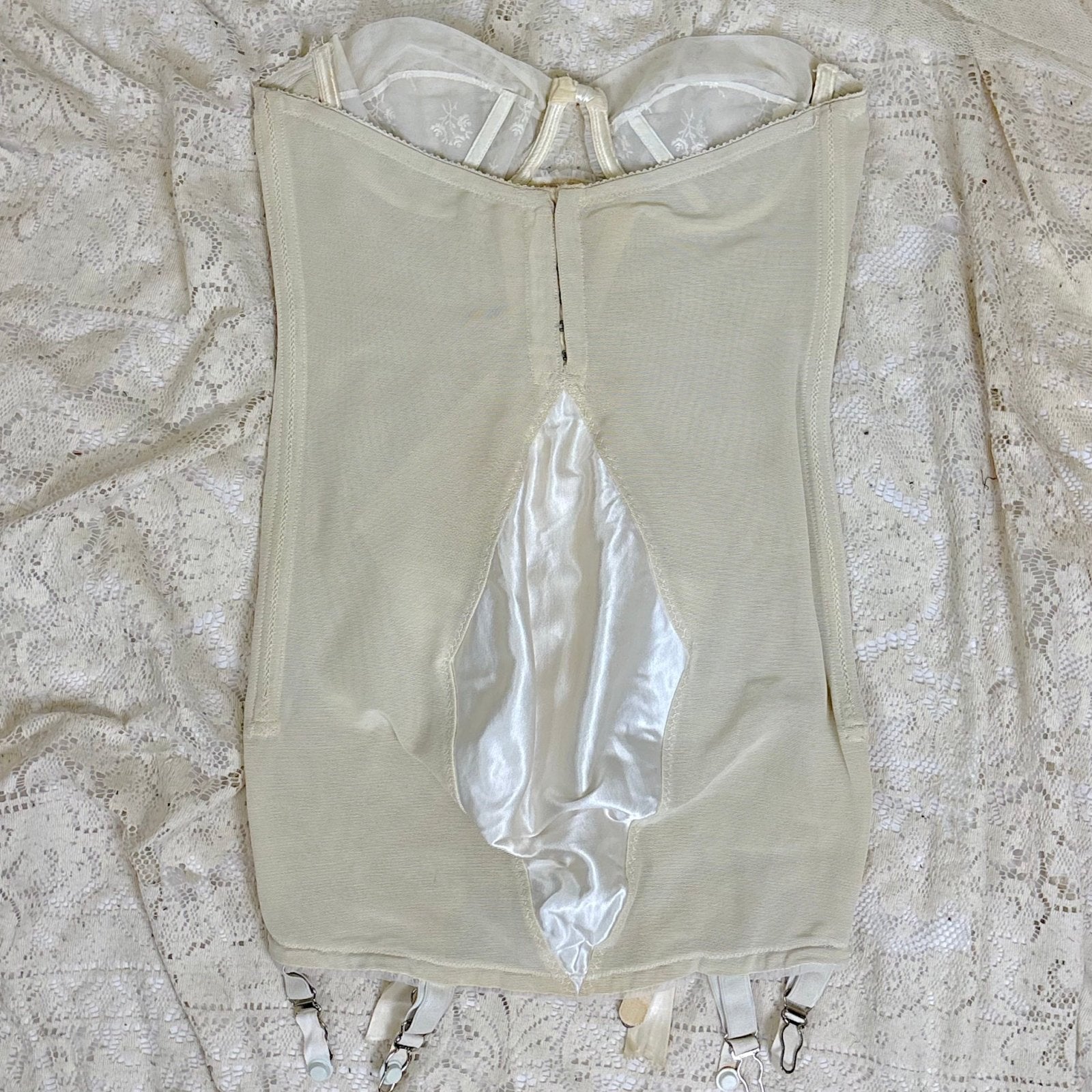 Vintage 1950's White Satin Strapless All - in - One Girdle with Embroidery by Lily of France - Enhance, Size 36 B - Daggers & Dames