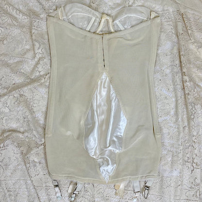 Vintage 1950's White Satin Strapless All - in - One Girdle with Embroidery by Lily of France - Enhance, Size 36 B - Daggers & Dames