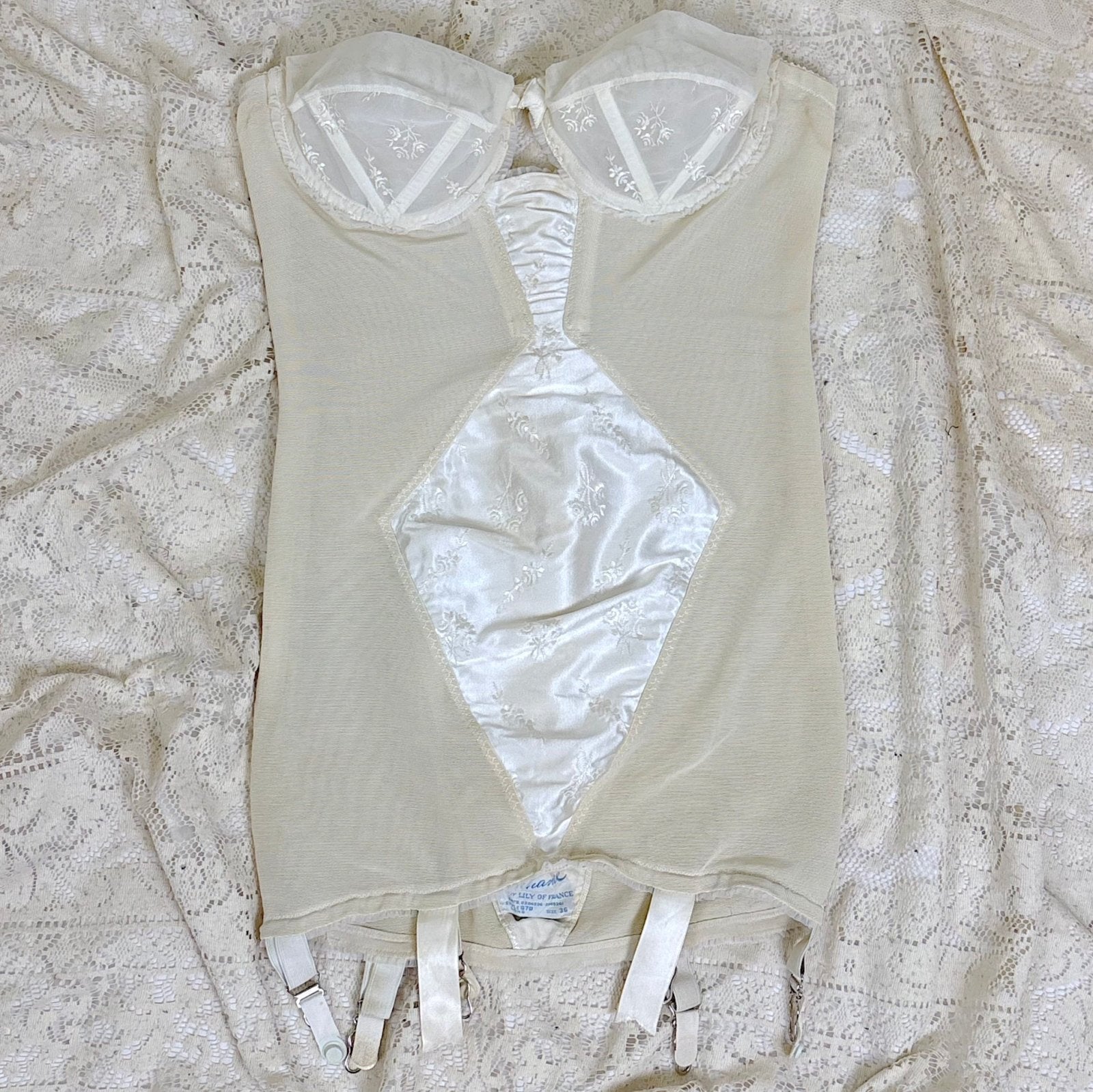 Vintage 1950's White Satin Strapless All - in - One Girdle with Embroidery by Lily of France - Enhance, Size 36 B - Daggers & Dames