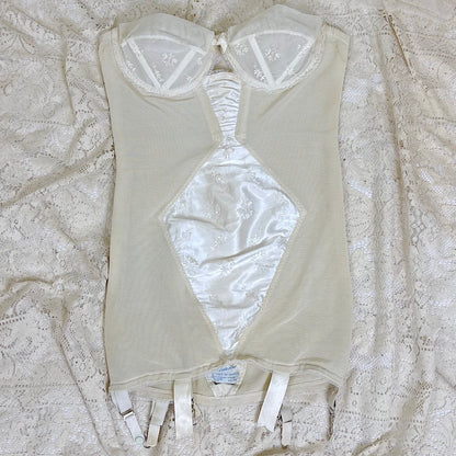 Vintage 1950's White Satin Strapless All - in - One Girdle with Embroidery by Lily of France - Enhance, Size 36 B - Daggers & Dames