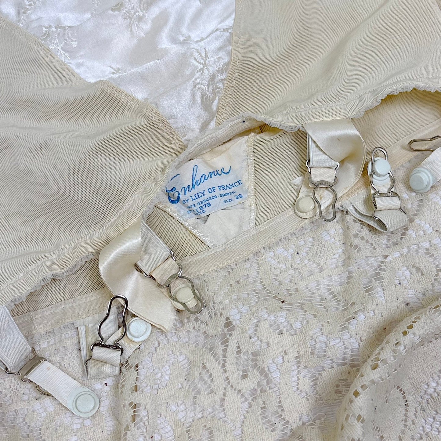 Vintage 1950's White Satin Strapless All - in - One Girdle with Embroidery by Lily of France - Enhance, Size 36 B - Daggers & Dames