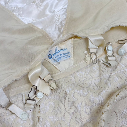 Vintage 1950's White Satin Strapless All - in - One Girdle with Embroidery by Lily of France - Enhance, Size 36 B - Daggers & Dames