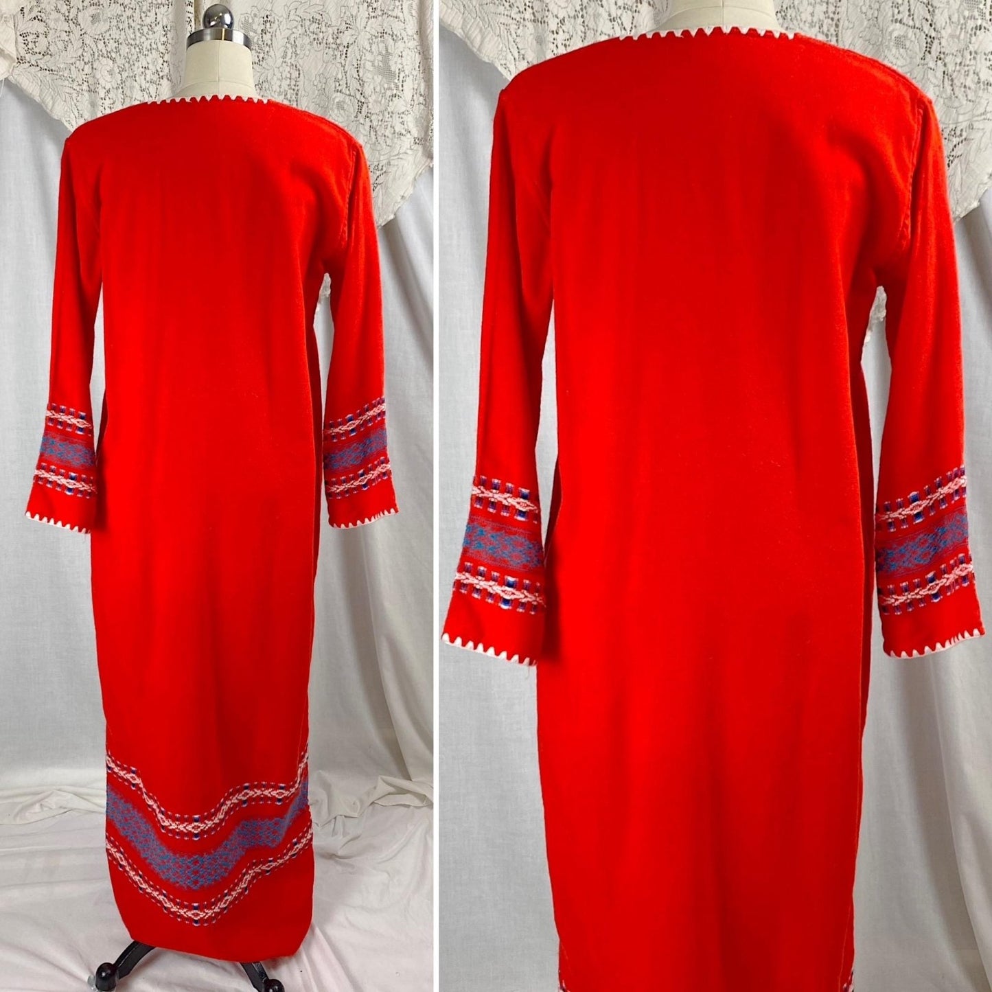 Vintage 1960's - 1970's Kaftan Maxi Dress | Bright Red Acrylic Wool with Floral Embroidery | Size S, M - Daggers & Dames