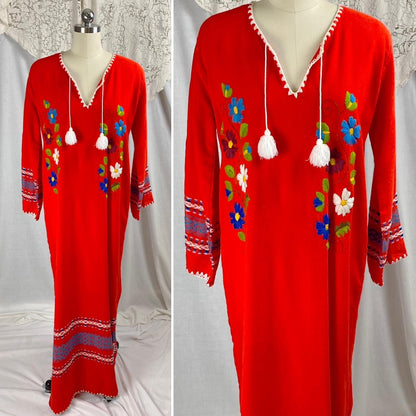 Vintage 1960's - 1970's Kaftan Maxi Dress | Bright Red Acrylic Wool with Floral Embroidery | Size S, M - Daggers & Dames