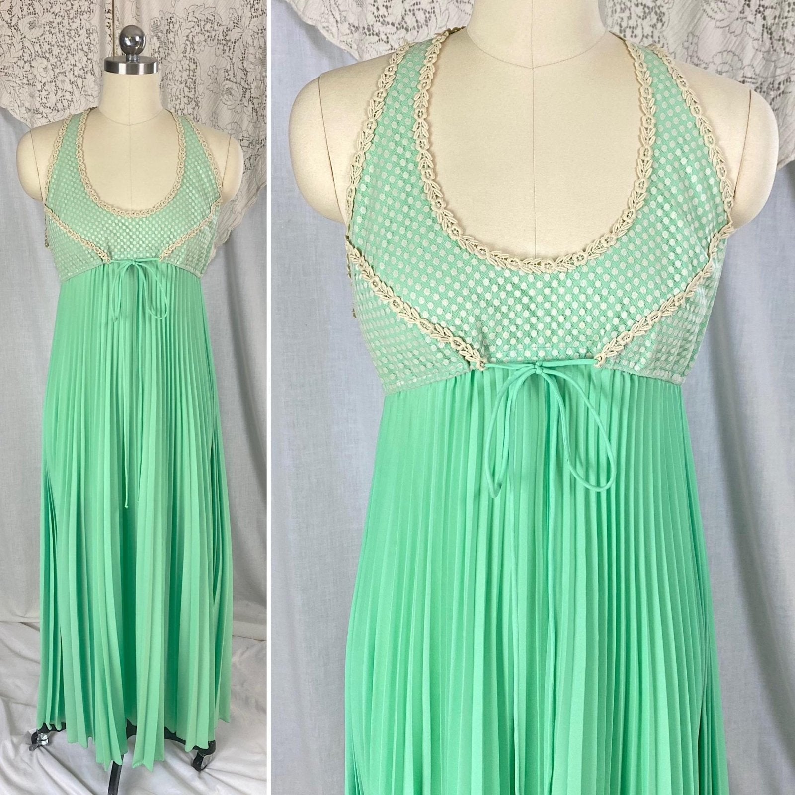 Vintage 1960's - 1970's Peignoir Set | Pistachio Green Pleated Satin with Cream Polka Dot & Floral Lace | Size XS, S | Odette Barsa - Daggers & Dames