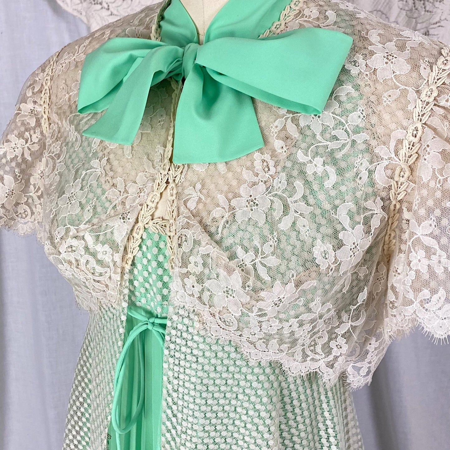 Vintage 1960's - 1970's Peignoir Set | Pistachio Green Pleated Satin with Cream Polka Dot & Floral Lace | Size XS, S | Odette Barsa - Daggers & Dames