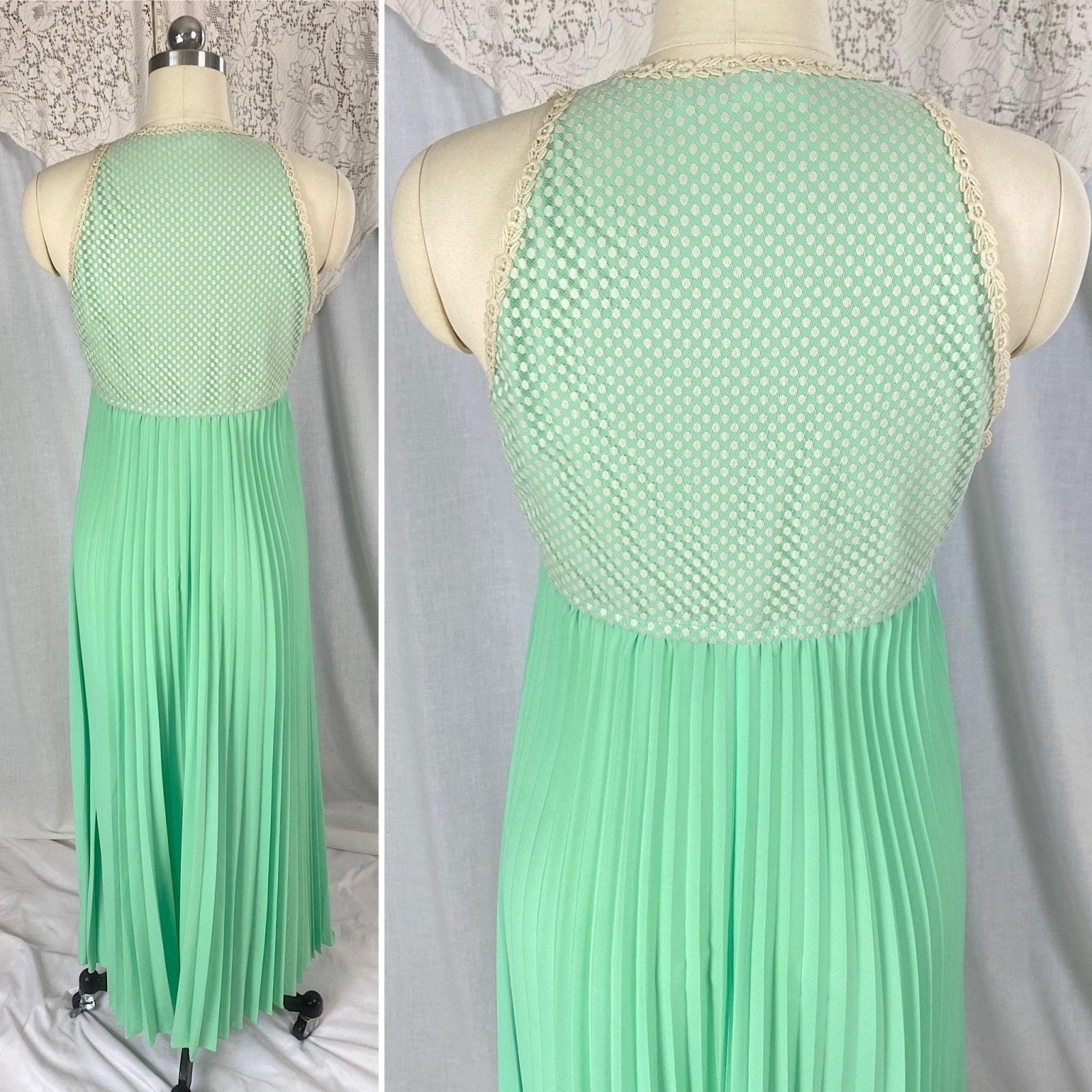 Vintage 1960's - 1970's Peignoir Set | Pistachio Green Pleated Satin with Cream Polka Dot & Floral Lace | Size XS, S | Odette Barsa - Daggers & Dames