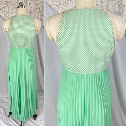 Vintage 1960's - 1970's Peignoir Set | Pistachio Green Pleated Satin with Cream Polka Dot & Floral Lace | Size XS, S | Odette Barsa - Daggers & Dames