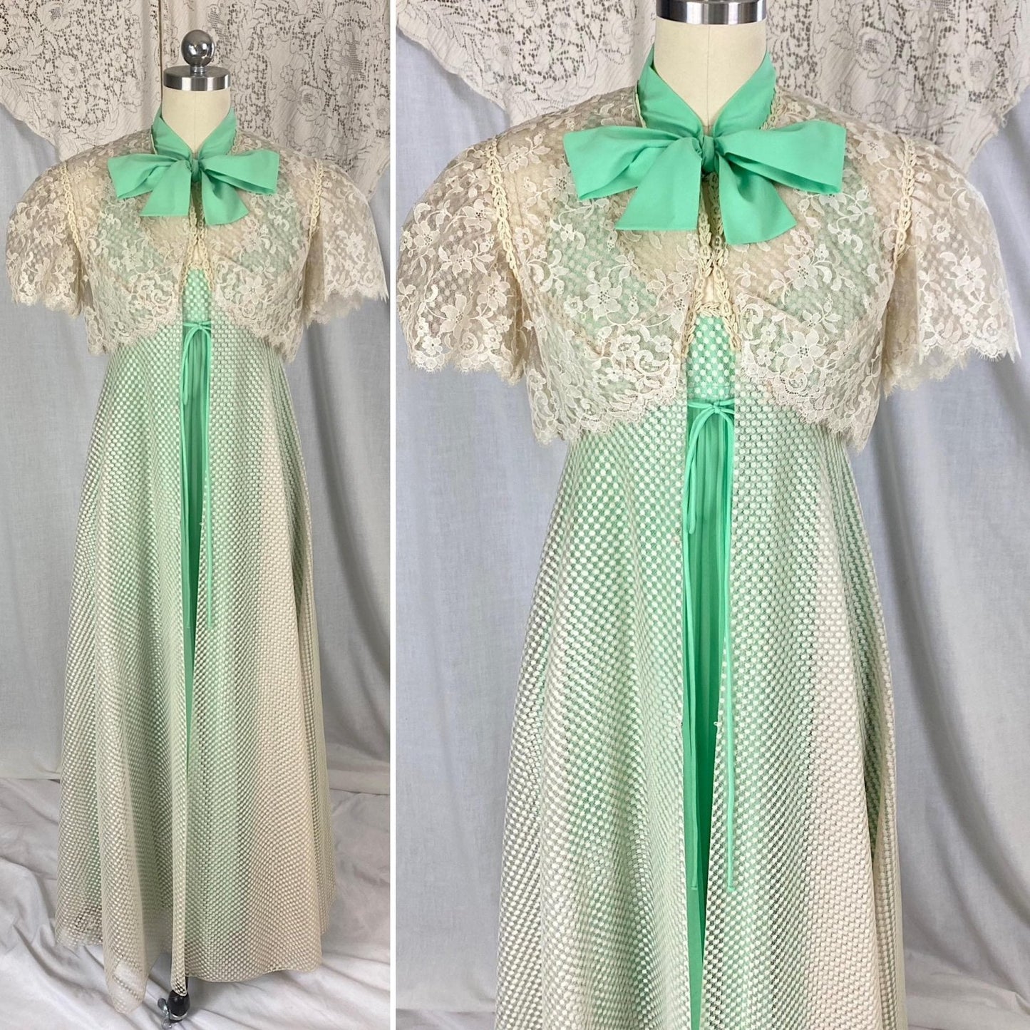 Vintage 1960's - 1970's Peignoir Set | Pistachio Green Pleated Satin with Cream Polka Dot & Floral Lace | Size XS, S | Odette Barsa - Daggers & Dames