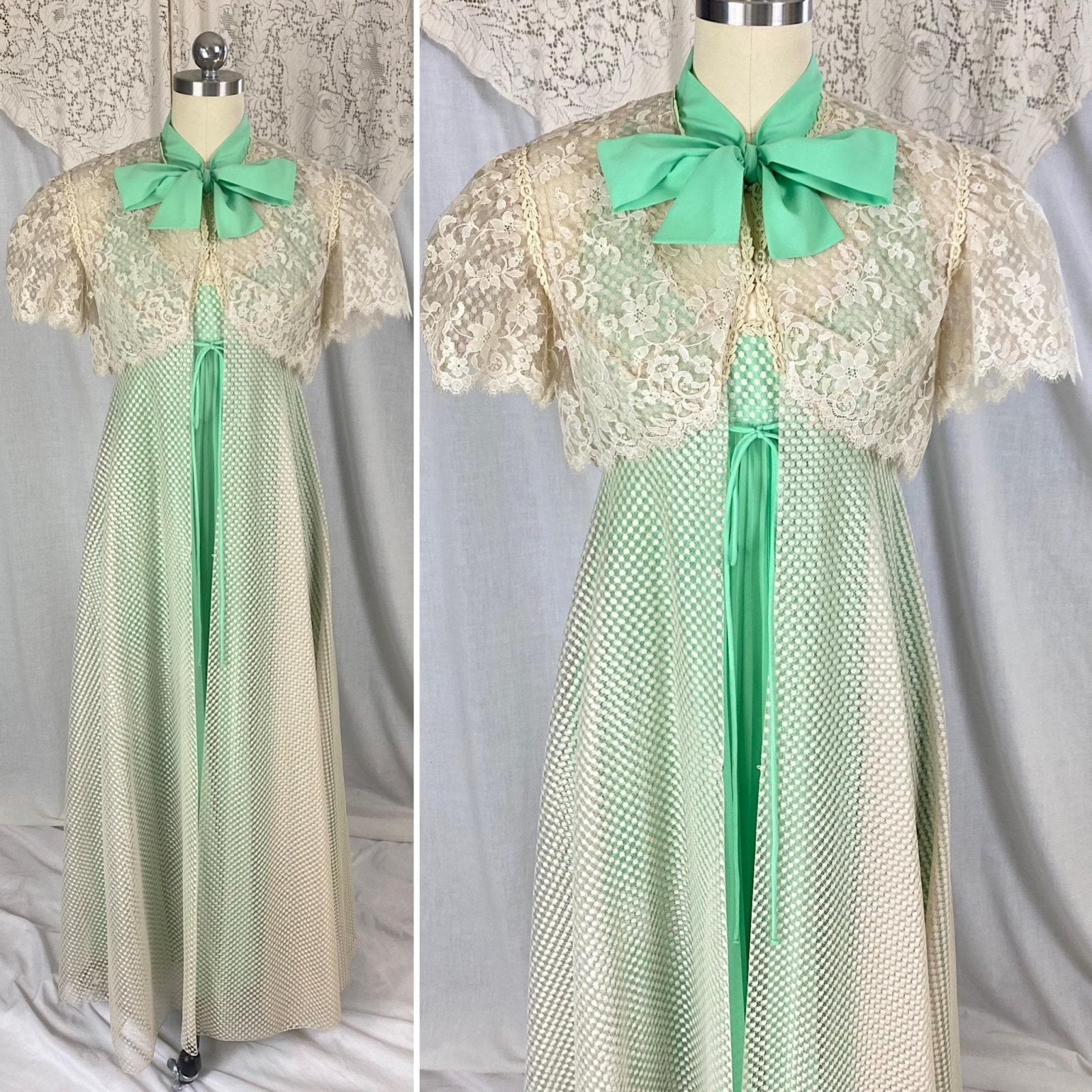 Vintage 1960's - 1970's Peignoir Set | Pistachio Green Pleated Satin with Cream Polka Dot & Floral Lace | Size XS, S | Odette Barsa - Daggers & Dames