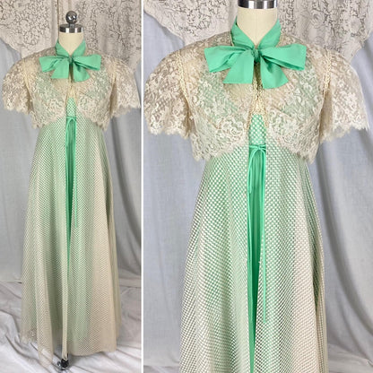 Vintage 1960's - 1970's Peignoir Set | Pistachio Green Pleated Satin with Cream Polka Dot & Floral Lace | Size XS, S | Odette Barsa - Daggers & Dames