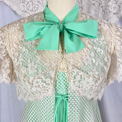 Vintage 1960's - 1970's Peignoir Set | Pistachio Green Pleated Satin with Cream Polka Dot & Floral Lace | Size XS, S | Odette Barsa - Daggers & Dames