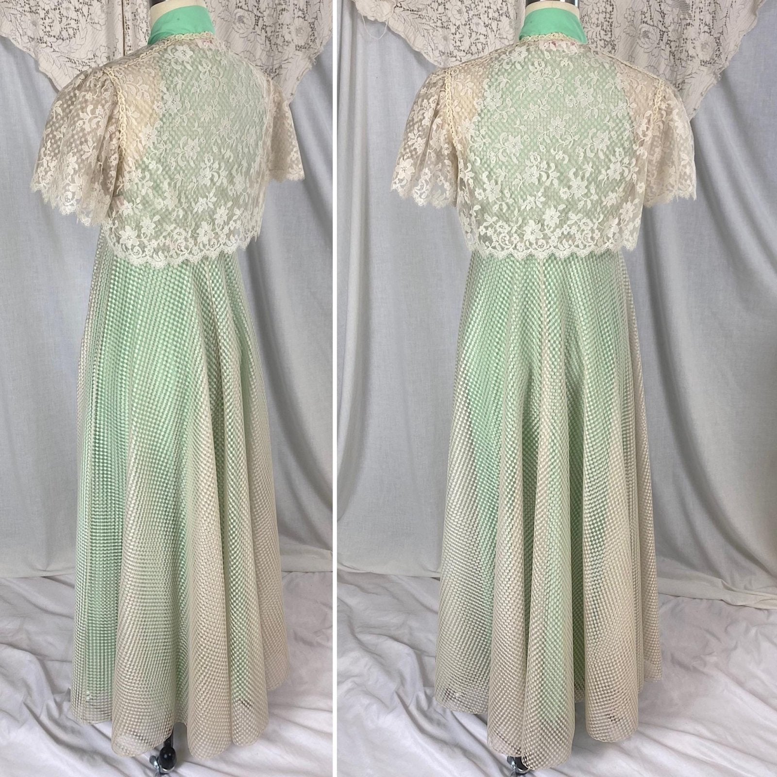 Vintage 1960's - 1970's Peignoir Set | Pistachio Green Pleated Satin with Cream Polka Dot & Floral Lace | Size XS, S | Odette Barsa - Daggers & Dames