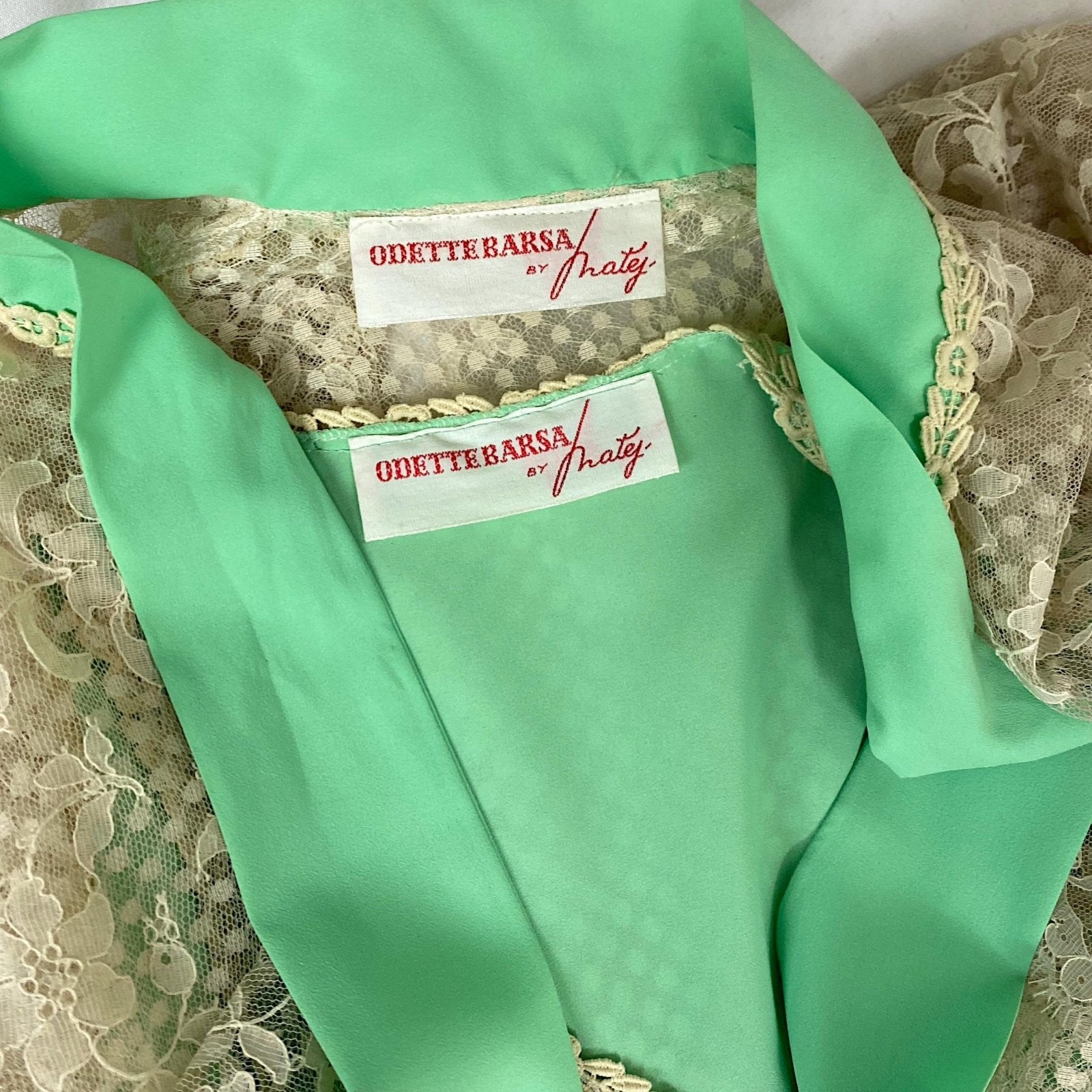 Vintage 1960's - 1970's Peignoir Set | Pistachio Green Pleated Satin with Cream Polka Dot & Floral Lace | Size XS, S | Odette Barsa - Daggers & Dames