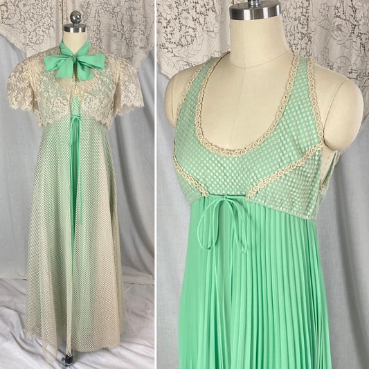 Vintage 1960's - 1970's Peignoir Set | Pistachio Green Pleated Satin with Cream Polka Dot & Floral Lace | Size XS, S | Odette Barsa - Daggers & Dames