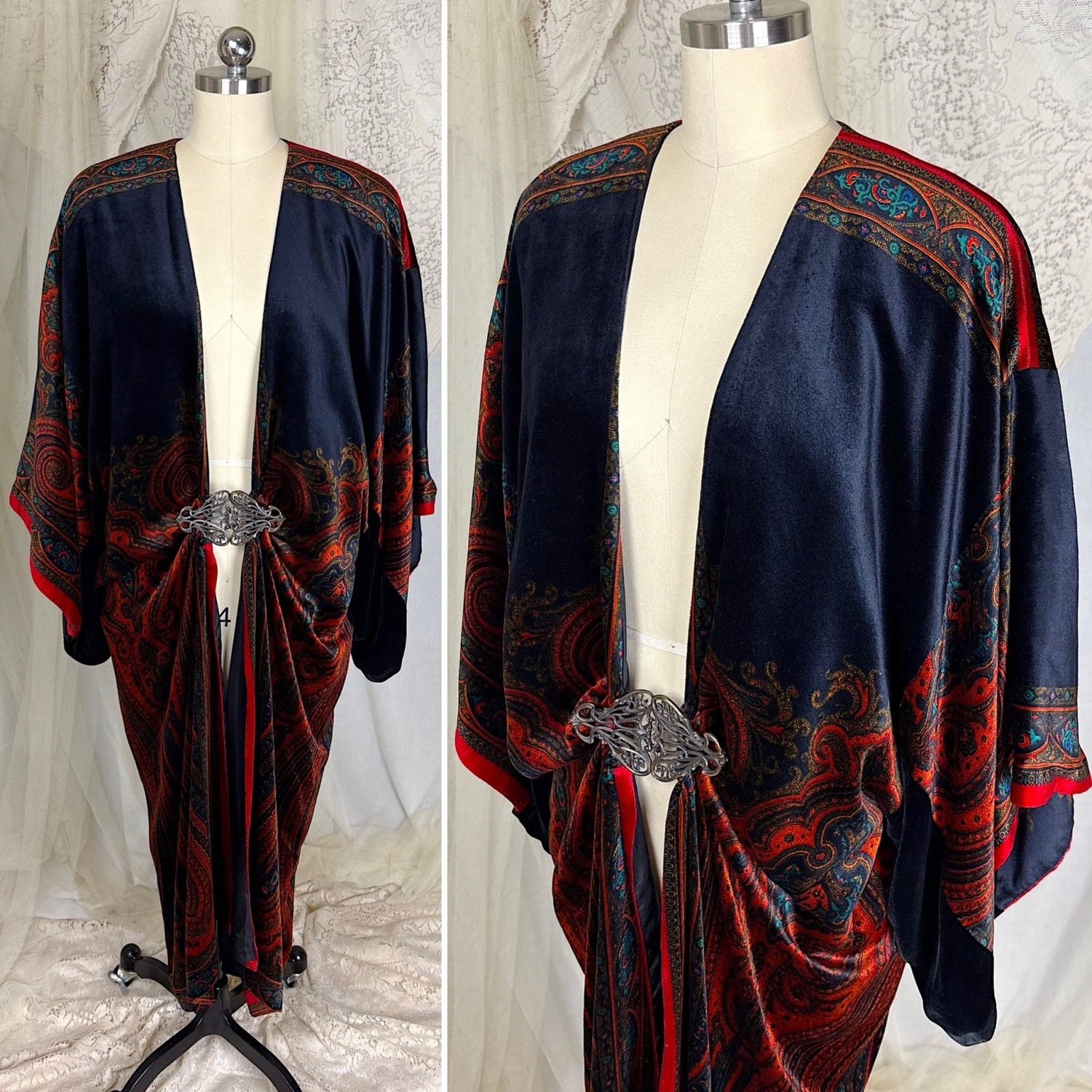 Vintage 1960's - 1970's Persian Boteh - Art Nouveau Revival Velour Robe with Elaborate Metal Clasp, Size S, M, LG - Daggers & Dames