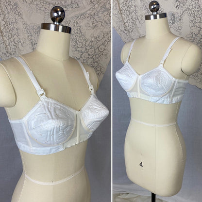 Vintage 1960's Bra | Crisp White Cotton with Bullet Cups & Star Embroidery | Size 34 A, 32 B - Daggers & Dames