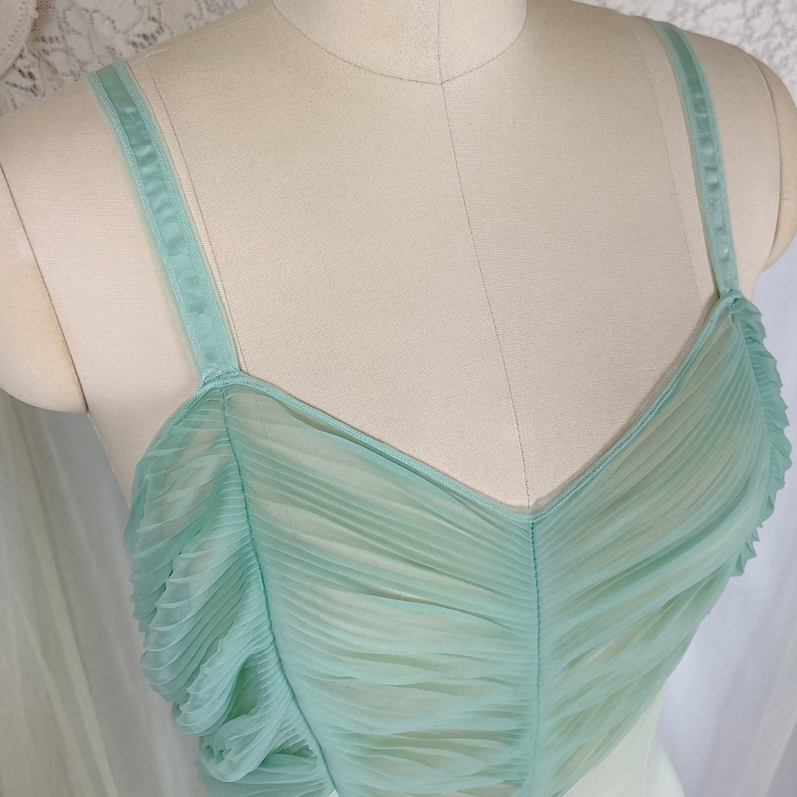 Vintage 1960's Nightgown - Mint Green Nylon with Crystal Pleated Chiffon Bust - by Rogers, size M - Daggers & Dames